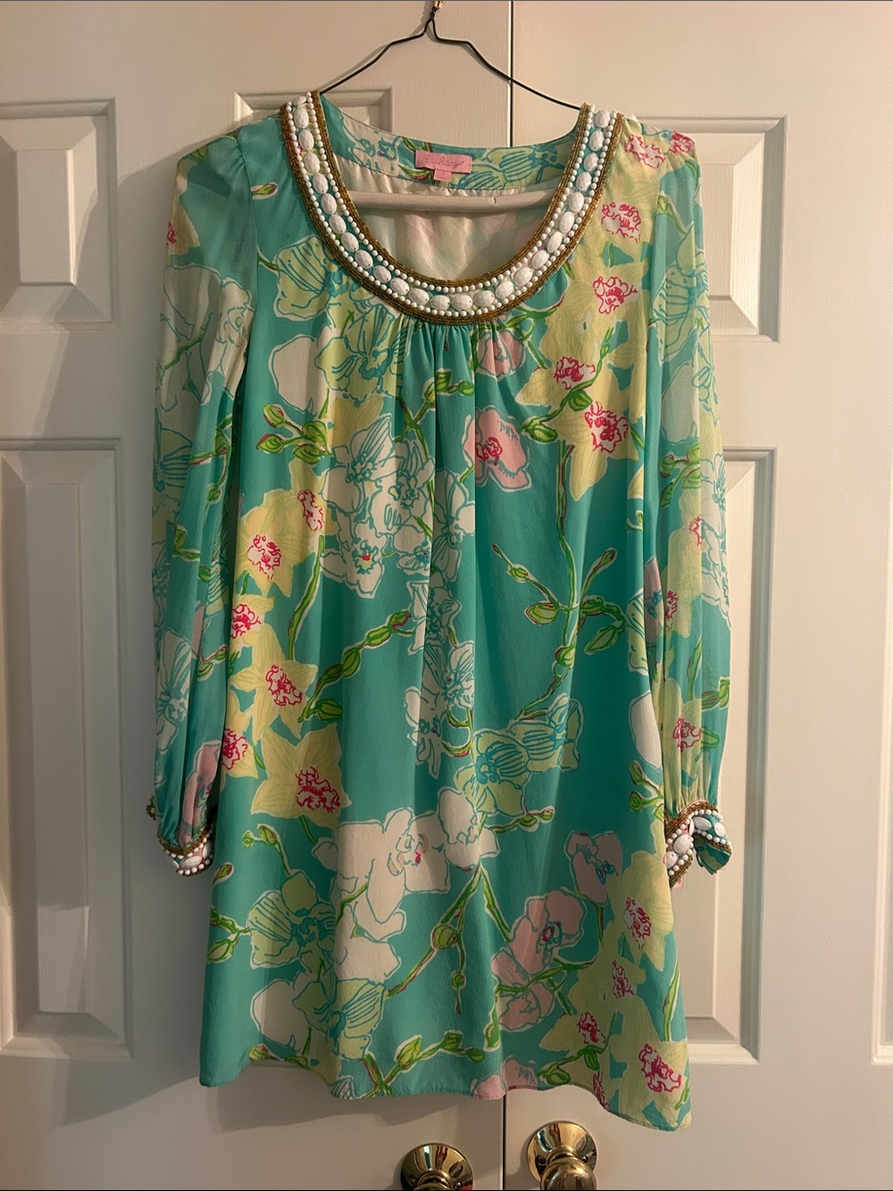 Lilly Pulitzer Aqua Floral Midi Dress with Pink and Yellow Accents